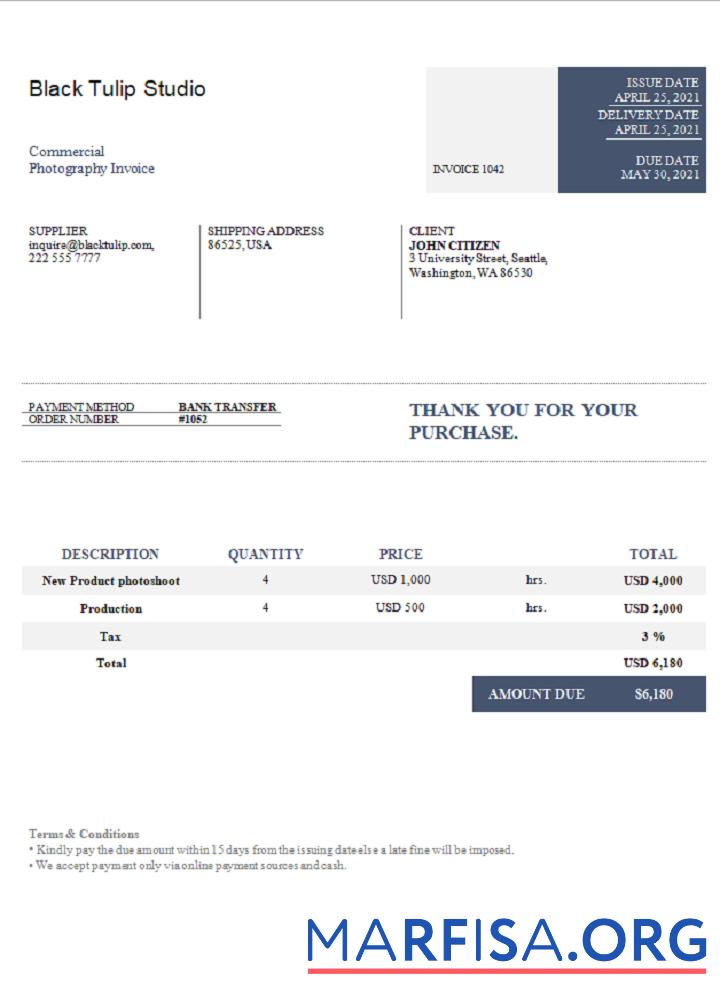 Downloadable USA Black Tulip Studio invoice real example